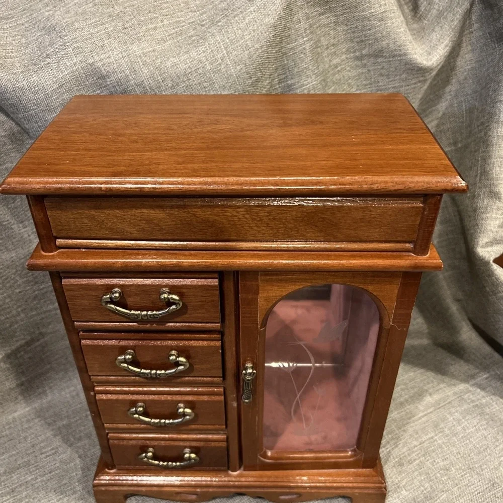 Vtg‎ 1987 Wooden Jewelry Box Cabinet 4 Drawers Etched Glass Lift Top Organizer